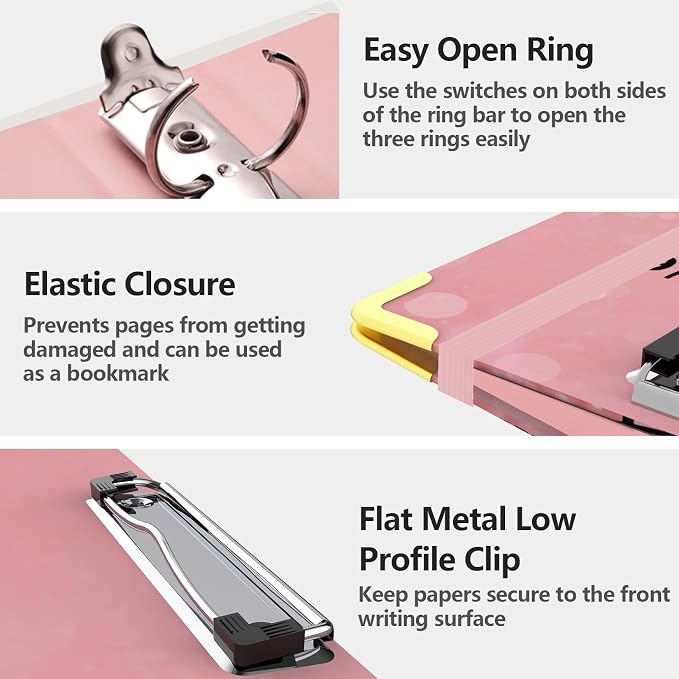 3 Ring Binder 1 Inch, Cute Pink Decorative Hardcover Low Profile Clipboard with Storage, 1'' Round Ring Binders for Letter Size Paper, Binder Organizer for School Office Supplies(Stay Positive)