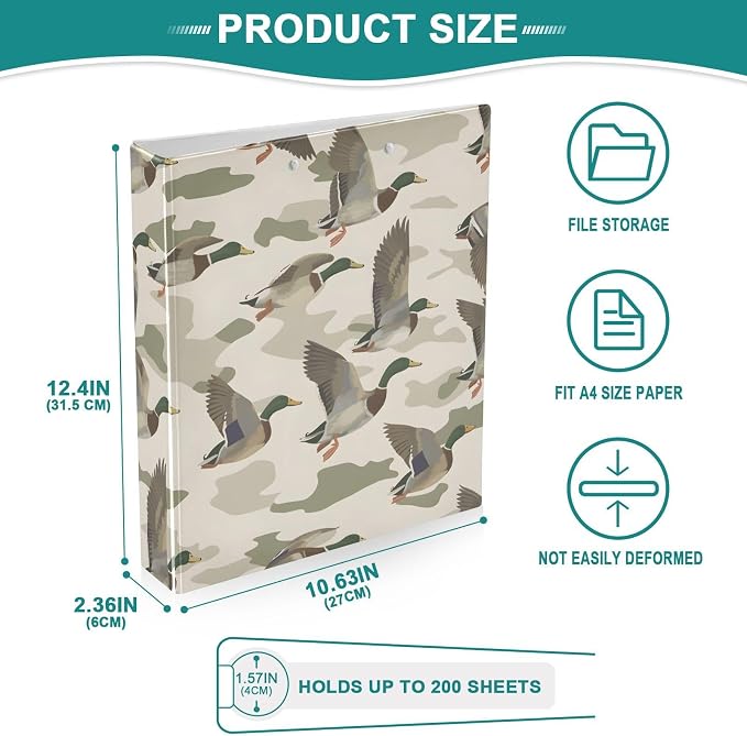 3 Ring Binder Wild Duck Background 1.5" Round Ring Binders View Binder with 200 Sheet for Kids School Supplies Women Men Office, 1 Pack