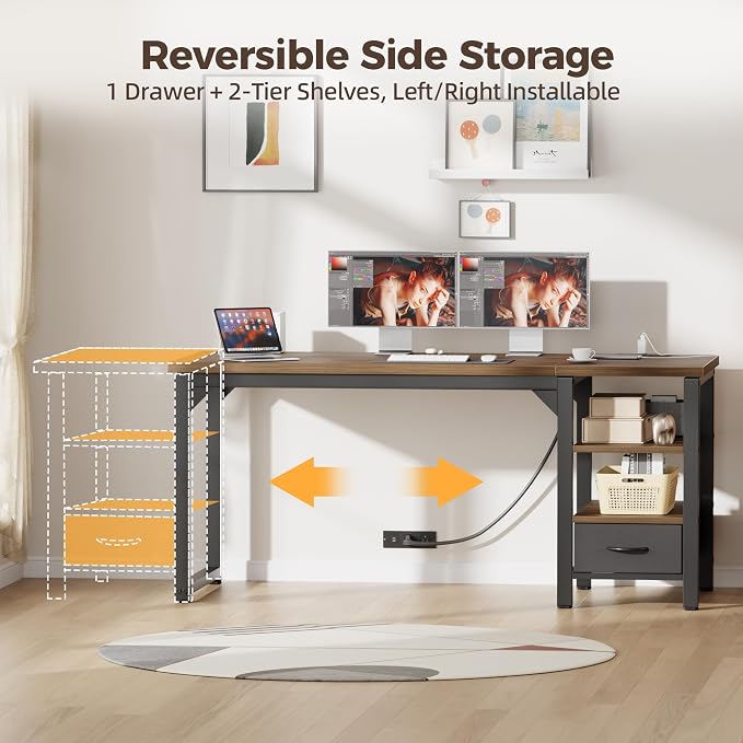 63" Computer Desk with Drawer, 1.2" Thick Reversible Office Desk | Modern Writing Table with Power Outlets & Storage Shelves, Heavy Duty Industrial Executive Desk for Home Bedroom Study Work
