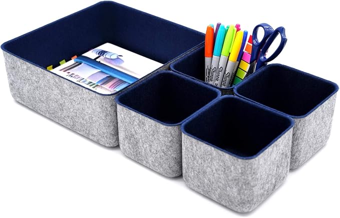Desk Drawer Organizers Storage bins Set Home Office Pen holder pencil phone stand Remote controler Closet Cabinet boxes Organizing 5-piece gifts ideas (Navy)