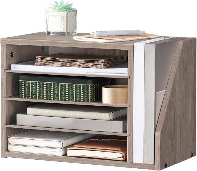 HOOBRO Mail Sorter, Literature Organizer with Adjustable Shelves, Paper Organizer for Office, Home, Wood Countertop Mail Sorter, File Holders, Magazines, Greige BG41WF01N1