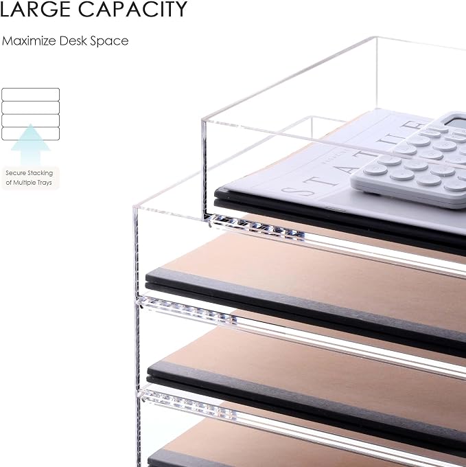 Acrylic Paper Organizer Letter Tray, Stackable Desk Organizer, 4-Tier | Desk Organizers and Accessories, Vertical File Tray, Workspace Office Supplies Organizer for Office Classroom Home, Clear