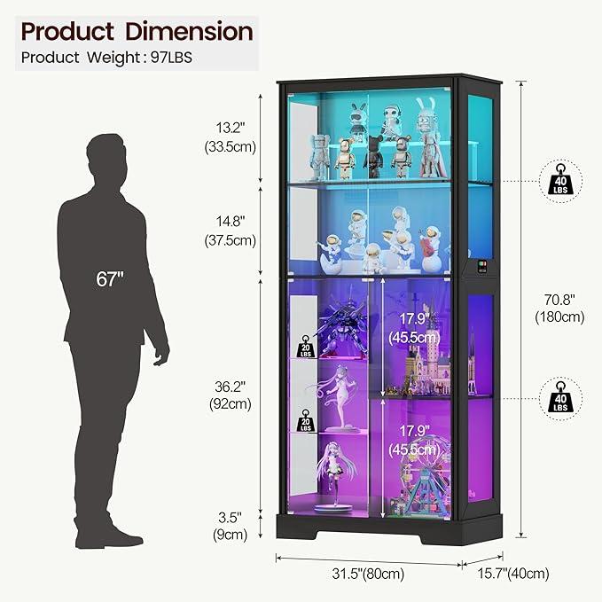 7-Tiers 71" Tall Display Cabinet with Glass Doors & Human Body Sensor-Black | 71inch Tall, 7+5 Color Lights, Fits Different Height Collectibles, Safety Lockable Keys, 4mm Thickened Glass, Easy Assembly