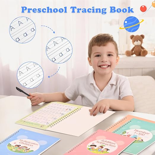 Magic Grooved Writing Practice for Kids Ages 3-8|Reusable Tracing Workbook|Magic Copybook Set with Disappearing Ink Pens for Preschool Learning