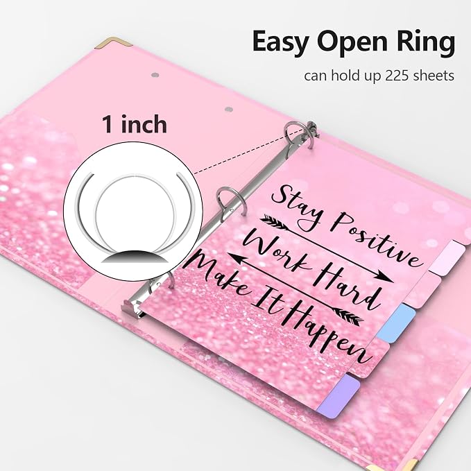 3 Ring Binder 1 Inch Round Ring Binder with 6 Tab Dividers，2 Interior Pockets，Cute Binder Clipboard with Storage, for School Office, Portfolio(Stay Positive)