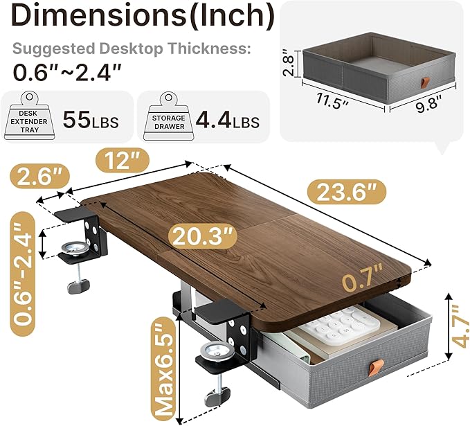 Desk Extender Tray, 24" x 12", with Storage Drawer, Medium, Walnut | Desk Extension, Clamp on Desk Shelf, Clamp On Keyboard Tray for Office and Home, Workstation Organizer
