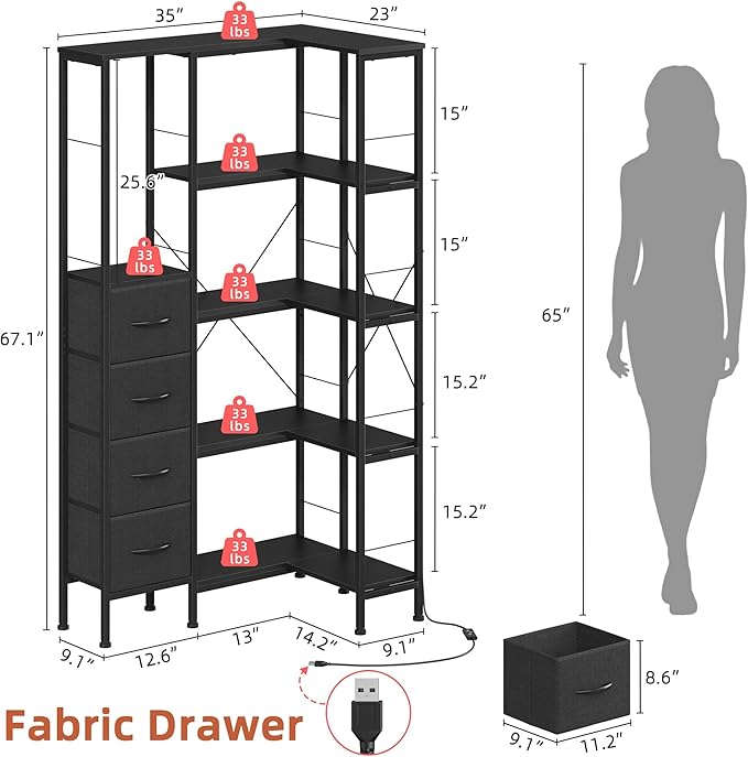 AFLUI Corner Bookshelf with LED Light Strips & 4 Fabric Drawers, 5-Tier Convertible Corner Shelf with Display Shelf, Large Wood Industrial Bookcase for Living Room, Bedroom, Home Office, Black