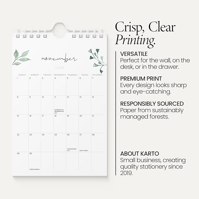 Karto Small Wall Calendar 2026-2027 6x9 in - Greenery