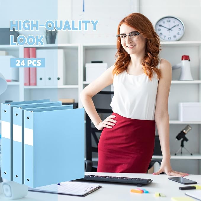 Henoyso 24 Pcs 1.5 Inch 3 Ring Binders, Letter Size,Light Blue | Binders Bulk, Holds 350 Sheets, Round Rings, Durable Flexible PP Plastic Covers, Pockets Labels, School Office Supplies