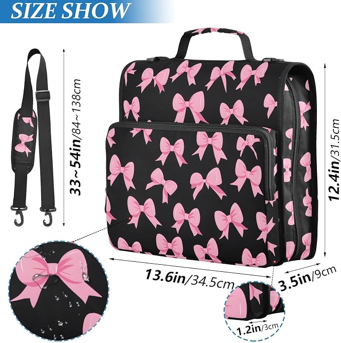 Pink Bow Black Background 3 Ring Binder Bag 1.5 inch Binder Organizer with Zipper Shoulder Strap 500 Sheet Documents Storage for School Office