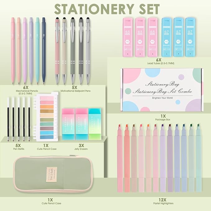 39PCS Aesthetic School Supplies with Cute Pencil Case, 5X Ballpoint Pens with Stylus Tip, 12X Pastel Highlighters, 6X Mechanical Pencil Set 0.5&0.7mm, Suit for Preppy School College Essentials(green)