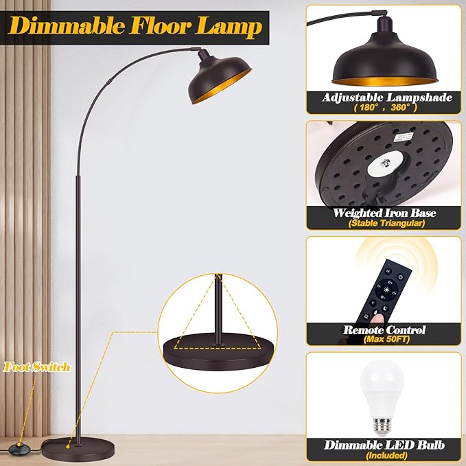 Arc Floor Lamps Bronze, Standing Lamps for Living Room Reading Lamps 70” | Arch Floor Lamp with Remote Control, Foot Switch, Metal Shade, Stepless Dimmable LED Bulb, Brown Floor Tall Lamp for Bedroom