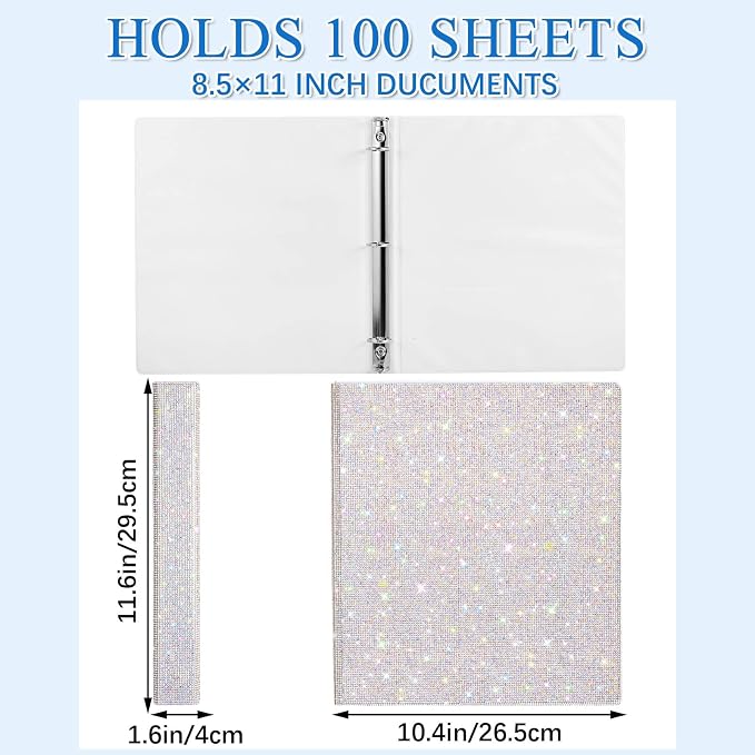 Bling 3 Ring Binder Silver Rhinestone Glitter 1 Inch Binder Organizer with 2 Interior Pockets 8.5'' x 11'' Women Gift for Christmas Home Office School Use