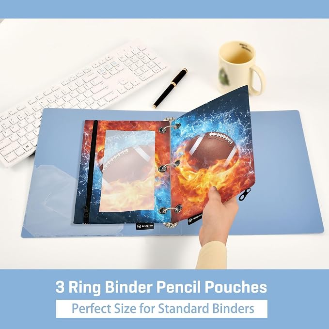 American Football Fire Water Pencil Pouch for 3 Ring Binder, 2 Pack Waterproof Pencil Bags Clear Window Pencil Case Zipper School Office Supplies