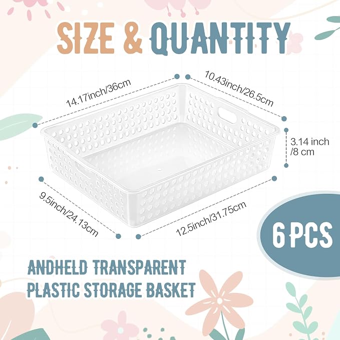 Geetery 6 Pack Classroom Storage Baskets with Handle,Clear | 14''x10'' Paper Tray Holds A4 Turn in Trays Plastic Paper Baskets Desk Organizer Bin for Classroom, Library, Office, Home