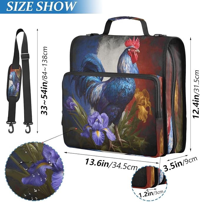 ALAZA Zipper Binder 3 Ring Vintage Chicken Rooster Binder Organizer with Zipper and Shoulder Strap Large Capacity Multi-Pocket Trapper Keeper File Folder for Office Supplies