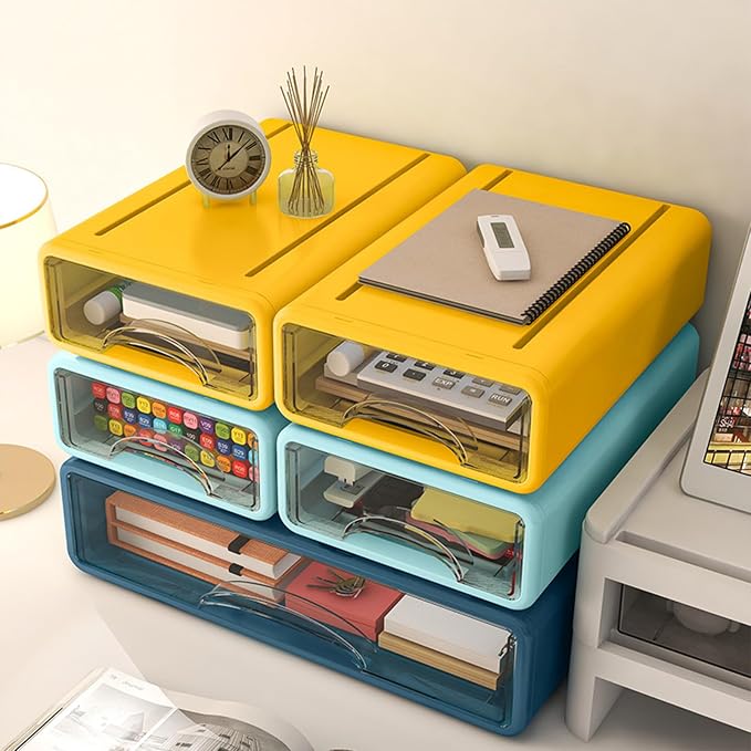 Desk Organizer with Drawers, Stackable Storage Drawers with Compartments Desktop Organization for Office Supplies, Makeup, Pencils, Tape, Erasers, Paperclips, Chargers (2S1M)