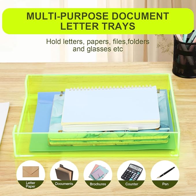 Paper Tray Acrylic File Organizer for Desk Letter Tray Desk Organizer Document Holder Sorter Storage for A4 Office Supplies Magazines, 13.8x10.6x2.4 Inches, Neon Green