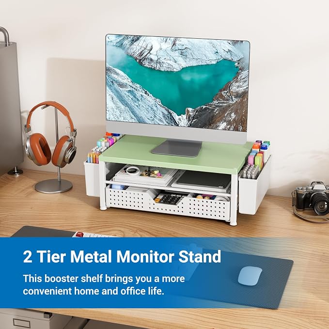 Wood Metal Monitor Stand Riser, Laptop Stand for Desk, Office Desk Organizer and Accessories, Computer Desktop Shelf with Drawer and Pen Holder, Printer Stand for Home, Office, Dorm (Green Wood)