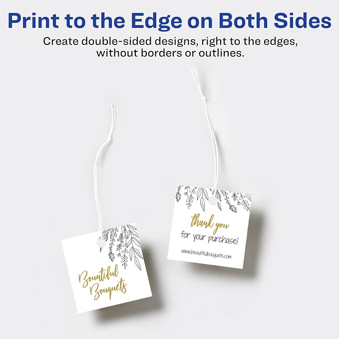 Avery® Square Tags, Sure Feed® Technology, 2" x 2", Matte White, Strings Included, 120 Total, Print-to-the-Edge, Laser/Inkjet Printable (80513)
