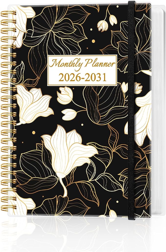 2026-2031 Monthly Planner - 60 Month PLanner Calendar from July 2026 to June 2031, 5 Year Planner 2026-2031 with Flexible Cover, Inner Pocket, Perfect for Home | School | Office, 5.8" x 8.5", White Gold Flower