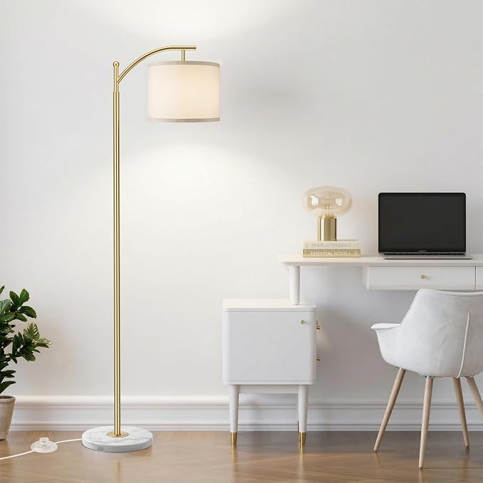 ROTTOGOON Gold Floor Lamp for Living Room with Marble Base, Modern Standing Lamp with 3 Color Temperatures Bulb & Adjustable Linen Shade, Tall Lamp for Bedroom Office Reading Nursery