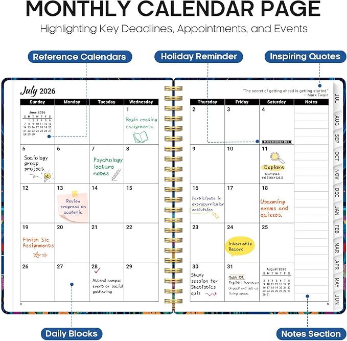 Planner 2026-2027, Monthly & Weekly Jul 2026-Jun 2027 Academic Planner | 6.3" x 8.5", Hardcover Spiral Calendar Planner with Tabs, School & Daily Agenda for Women, Students, Teachers, Star Fields