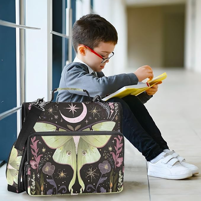 3 Ring Zipper Binder with Shoulder Strap Green Luna Moth Flowers Moon Stars 1.5 inch Binders Keeper Large Capacity Multi Pockets for School Office Supplies