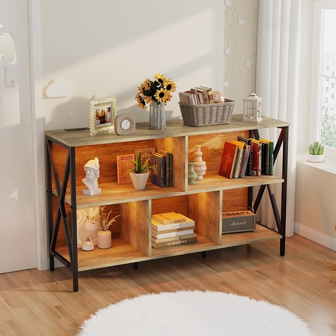 47" 5 Cube LED Bookshelf, Industrial Wood Metal Low Wide Bookcase, Oak | Multicolored LED lights, 320lbs heavy duty, 30-min assembly, open cubby storage, for living room game room