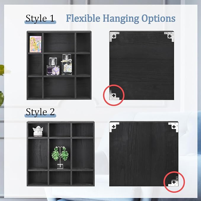 Ikee Design 3-Pc Wooden Shadow Box Shelf for Collectibles | 17 compartments Wooden Shadow Cubby Box Display Shelf Organizer Storage Shadow Box for Collectibles, Figures, Black