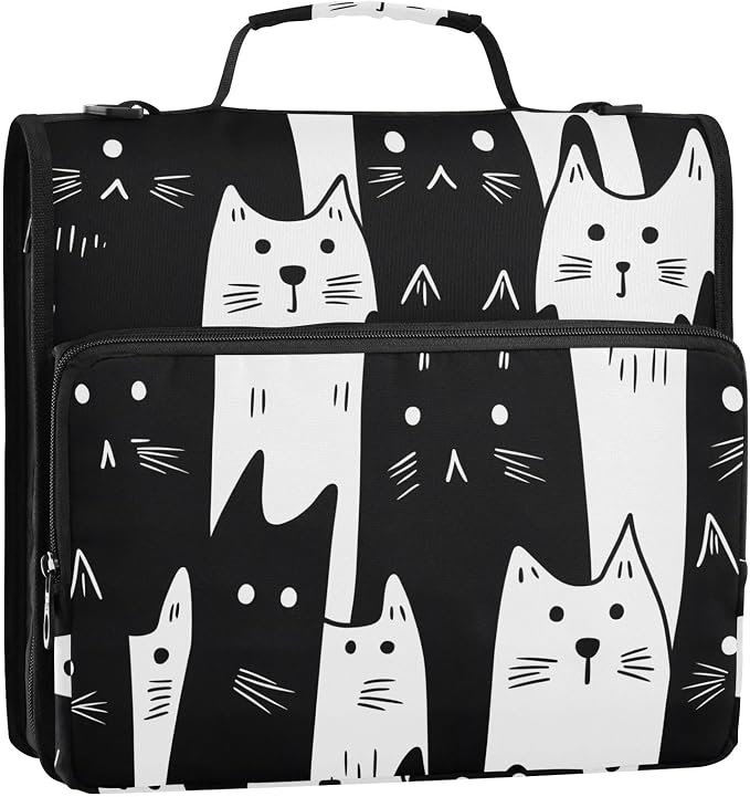 White Black Cats 3 Ring Binder Bag 1.5 inch Binder Organizer with Zipper Shoulder Strap 500 Sheet Documents Storage for School Office