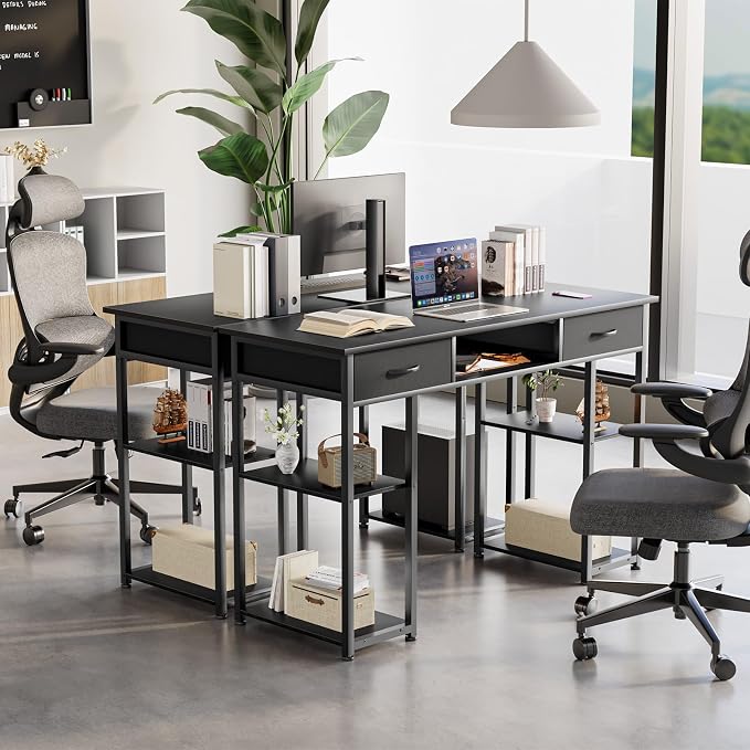 DUMOS 48-Inch Computer Desk with Drawers and Hook, Black | Home Office Desk for Bedroom, Gaming Writing Study Desk with Adjustable Feet