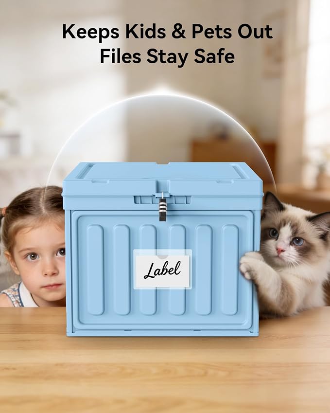 Oterri Lockable Stackable Plastic File Box with Lid for Letter-Size | Hanging File Folders Not Included. Blue, Large 1-Pack. Home, Office, Classroom, Dorm, Tax, Under Bed, Filing Cabinet.