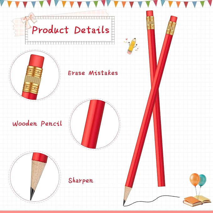 Outus 144 Pieces Round Pencils Cute HB Graphite Wood Pencils Bulk with Eraser for School Writing Drawing Sketching Wedding Office Supplies(Red)