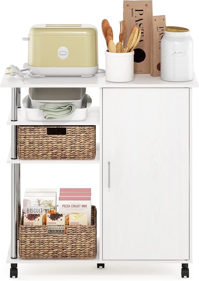Furinno Helena Rolling Cart, 4-Tier Rolling Utility Cart with Closed Cabinet, Storage Cart, for Office, Living Room, Kitchen, Storage and Organizers, White Wood