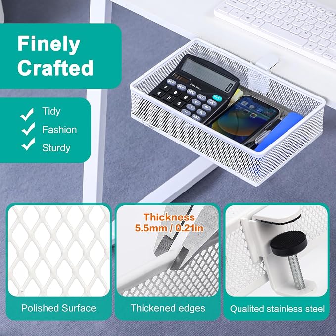 Under Desk Drawer, Clamp on Desk Organizer Under Table Hanging Desk Storage | 2 ways to clamp on: desk side or leg. Under desk organizer, clamp on desk drawer, basket hanging under table shelf, no-drill