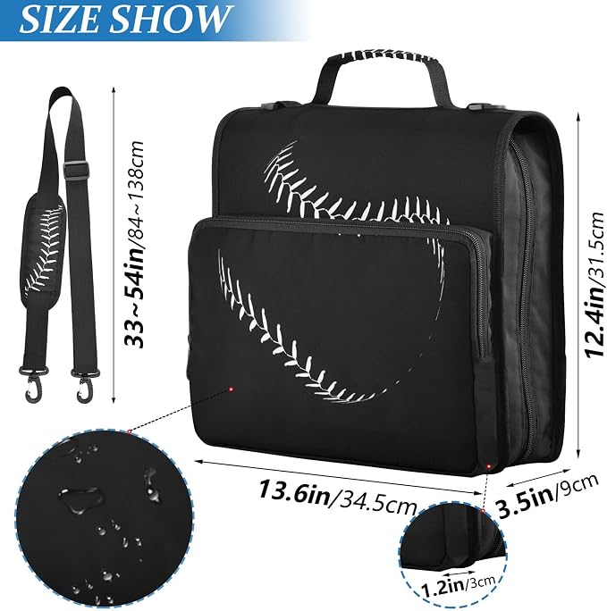 Fisyme Ball Lace Baseball Zipper Binder 3 Ring with Zipper and Shoulder Strap Large Capacity Multi-Pocket Zipper Binder Organizer