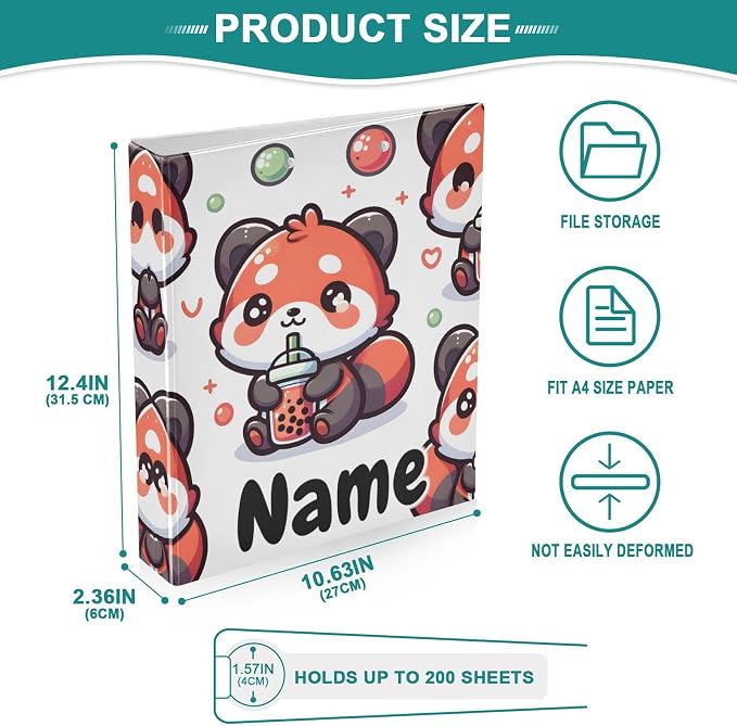 Custom 3 Ring Binder Cute Red Panda Bubbles 1.5" Round Ring Binders Personalized Name View Binder with 200 Sheet for Kids School Supplies Women Men Office, 1 Pack