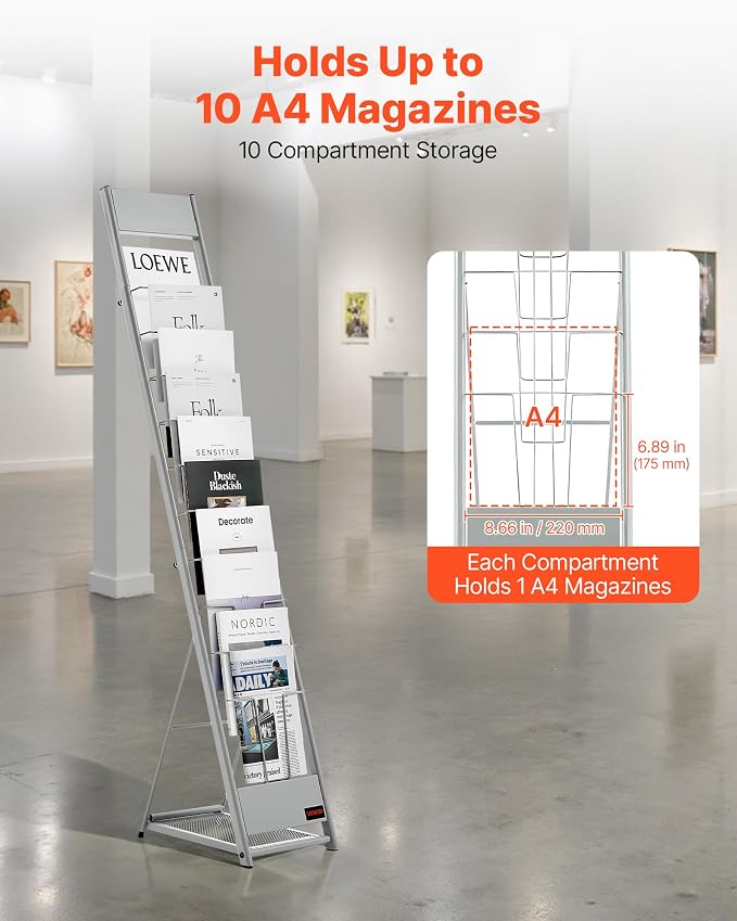 VEVOR Brochure Display Rack, 10 Pockets Magazine Literature Display Stand, Portable Floor Standing Magazine Rack, Metal Newspaper Catalog Holders for Shop, Exhibitions, Office, Trade Show, Silver