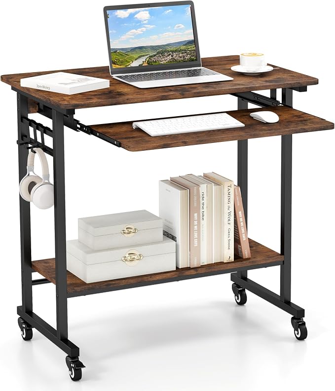 GIANTEX Rolling Computer Desk, Mobile Portable Desk with Keyboard Tray & Wheels, Laptop PC Table Cart with Shelf & Hooks, Industrial Small Desk for Small Spaces, Home Office, Bedroom, Rustic Brown