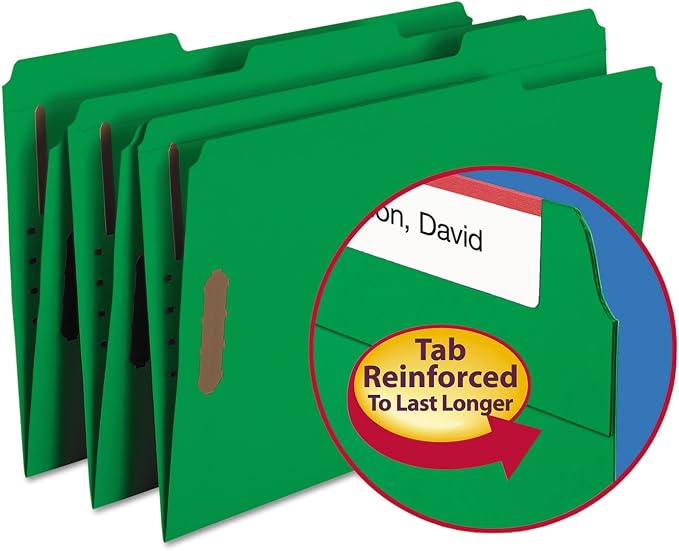 Smead Fastener File Folder, 2 Fasteners, Reinforced 1/3-Cut Tab, Legal Size, Green, 50 per Box (17140) (Pack of 1)