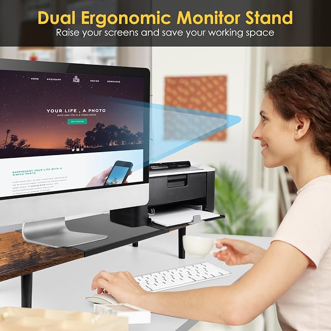 Across-Star Dual-Monitor-Stand-Riser-For-Desk Adjustable Length 32-40 Inch，Large Desktop Computer Monitor Riser For 2 Screens，Desk Shelf Organizer Riser Stand For Computer/Laptop/PC/Printer/TV Black