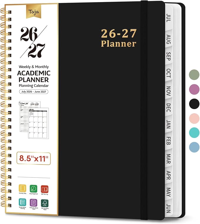 Taja Planner 2026-2027, 8.5" x 11" Calendar Planner, Jul 2026-Jun 2027 | Letter Hardcover Weekly & Monthly Academic Year Planner, Large Planning Agenda With Tabs, School & Office Supplies, Black
