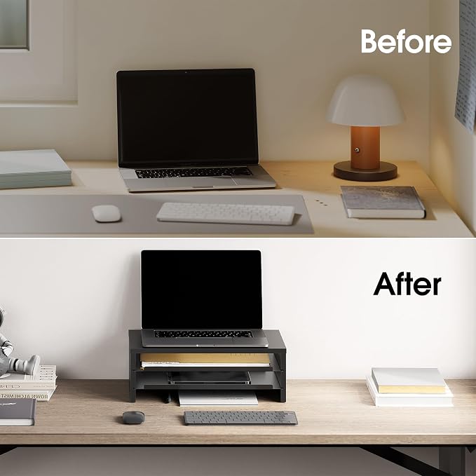 Fenge 14.3-Inch Monitor Stand with Slide-Out Trays, Wood & Metal Desk Shelf | 3-Tier Space-Saving Desk Storage Organizer, Fits Computer, Laptop, Printer and Telephone