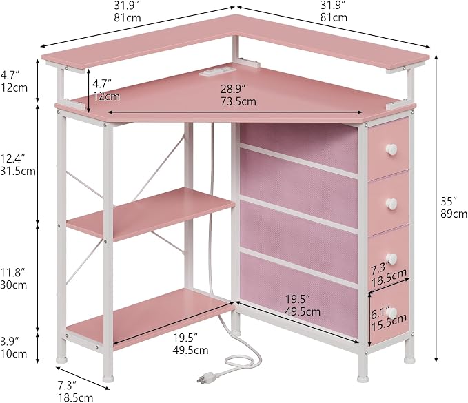 VENNQD Corner Desk with Drawers Shelves for Small Space 90 Degrees Triangle Computer Desk with Power Outlets,Gaming Desk with LED Lights Monitor Stand for Home Office Workstation Writing Table (Pink)