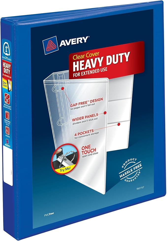 Avery® Heavy-Duty View 3 Ring Binder, 1" Rings, 1 Pacific Blue Binder | For Heavy School, Home and Office Use, DuraHinge Tear-Resistant Spine, DuraEdge Split-Resistant Sides, Linen-Texture Finish
