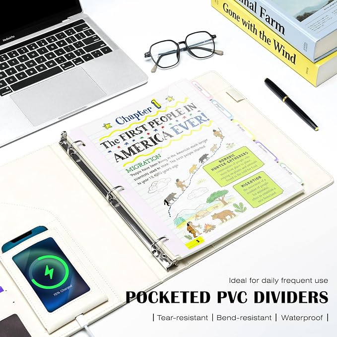 Ospelelf Leather 3 Ring Binder for Letter Size Documents with PVC Pocketed Dividers, Pencil Pouch & Notepad, 1 Inch Round Rings, Holds 175 Sheets, for Office School Home Organization, Flower White