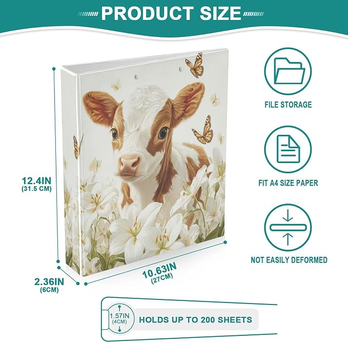 Caikeny 3 Ring Binder Cute Cow Floral Butterfly 1.5 Inch Binders Round Ring Clipboard with 2 Pockets for Office Supplies