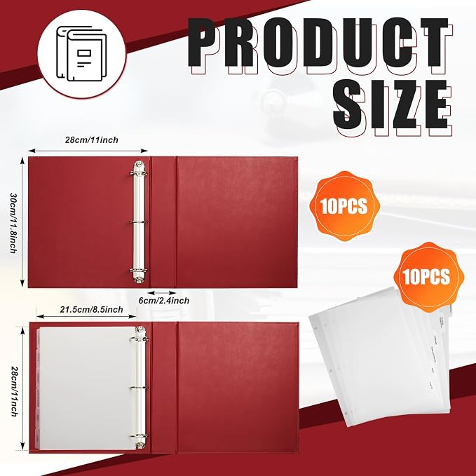 Dunzoom 10 Pcs Estate Planning Portfolio Binder PU Leather 3 Ring Binders with Gold Title and Index Tab Dividers, 11'' x 11.8'' x 2.4'' Estate Planning Organizer(Red)