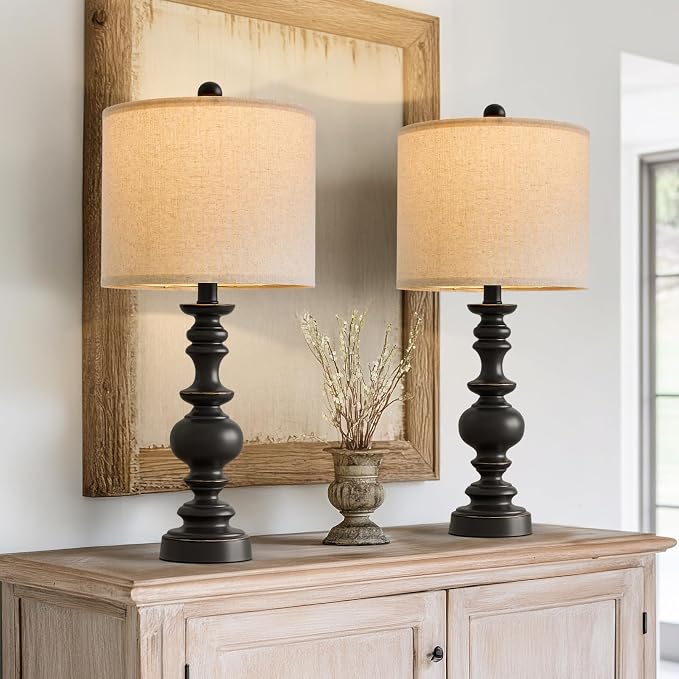 BOBOMOMO 24" Traditional Farmhouse Table Lamp Set of 2, Vintage Resin Lamps for Living Room Bedroom, Rustic Nightstand Lamp with Linen Shades, Retro Black Table Lamps for Living Room, Bedroom, Office